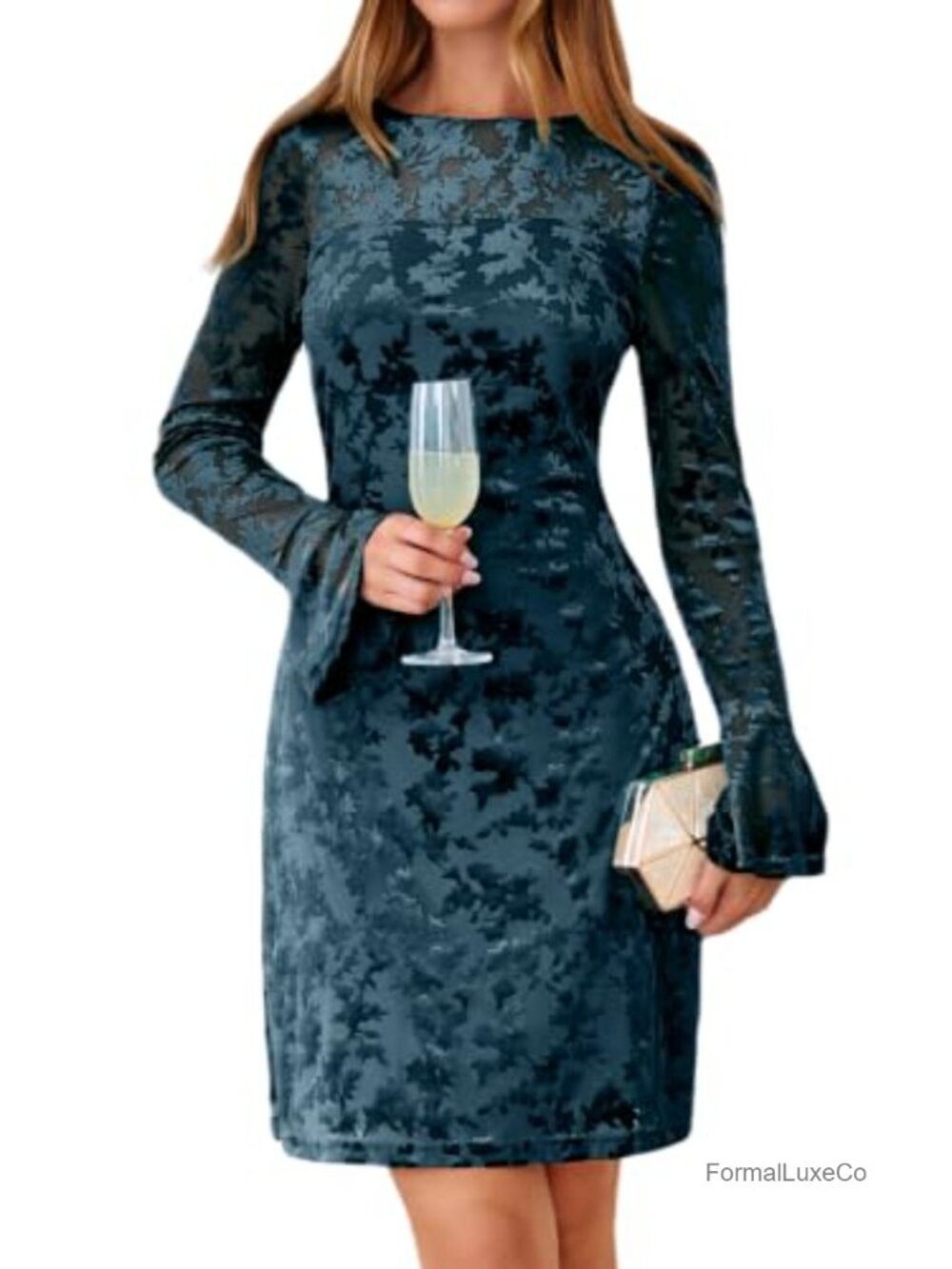 Burnout Velvet Floral Sheath Dress Long Sleeve Cocktail Wedding Guest